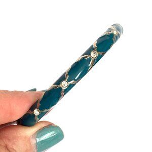 Sequin Teal Enamel Rhinestones Bangle Clamp Bracelet Silver Tone Size 7